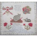 Needlework sampler by Elizabeth Garnett, dated 1840, Aged 17, decorated with a cat, rabbit, houses