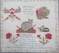 Needlework sampler by Elizabeth Garnett, dated 1840, Aged 17, decorated with a cat, rabbit, houses