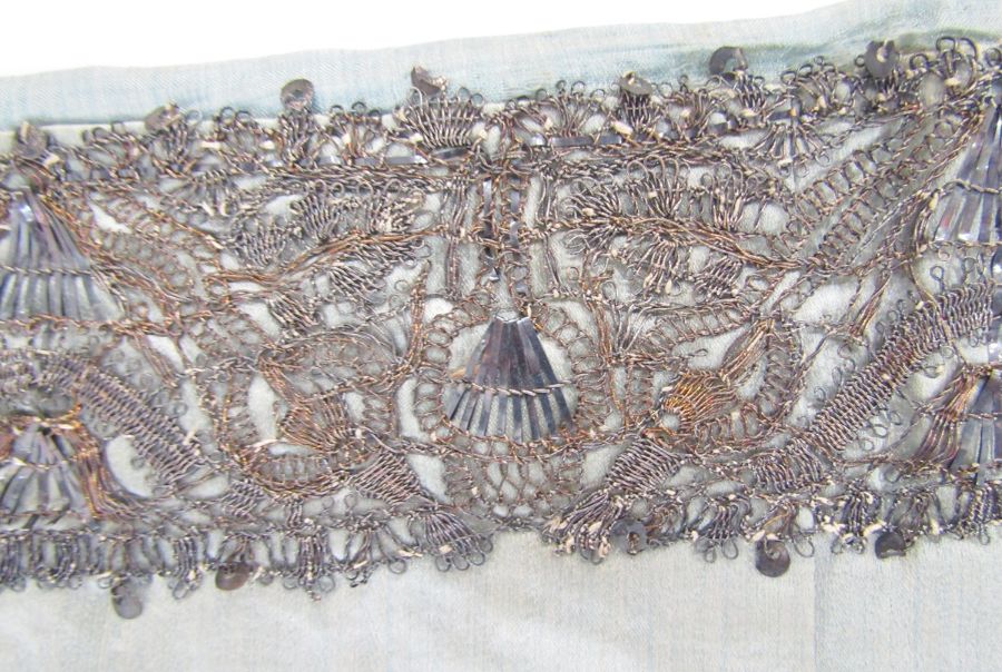 Length of 17th century silver and silver-gilt lace as a border, 6cm wide, on pale blue silk cloth, - Image 20 of 24