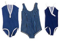 Three children's vintage swimsuits and a silk lace and embroidered small blouse, back button