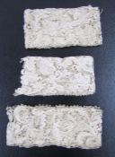 Two lengths of antique needlepoint lace, possibly Venetian, with raised work, floral scroll