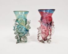 Two Gail D Gill free form cased glass vases, one with blue and green core, height 18cm, and the