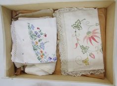 Quantity of embroidered tablecloths, a 19th century beaded tapestry and feltwork panel, probably