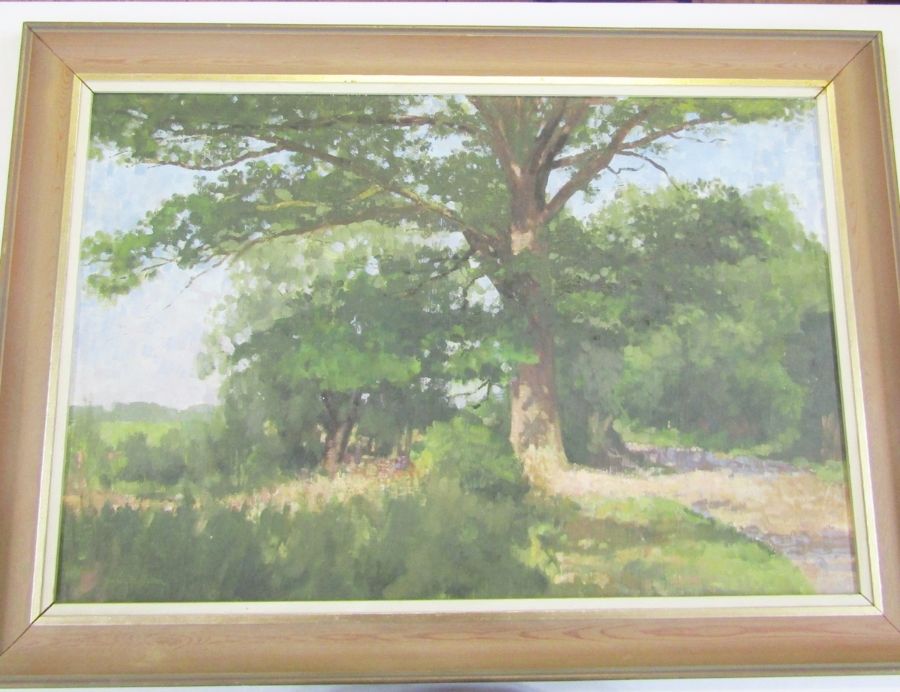 John McLellan Oil on board Study of an oak, signed, with NEAC label verso, 49cm x 74cm - Image 2 of 5