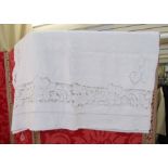 Four various French linen sheets, embroidered, cut and drawn thread, 2m x 3.16m, 1.74m x 2.65m, 2.