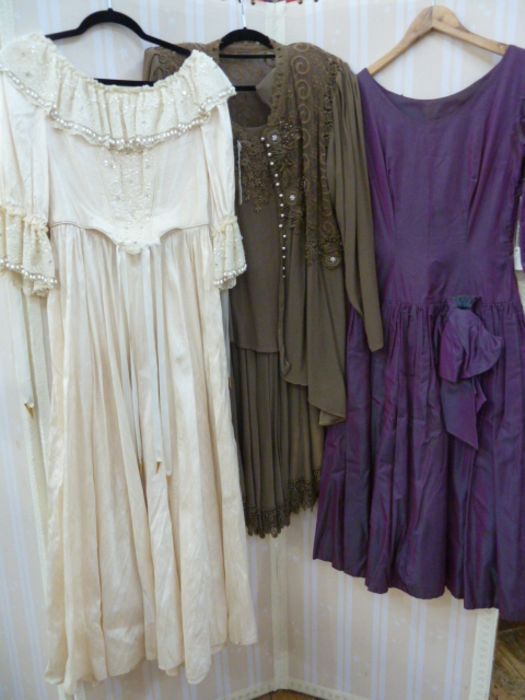 Jill Salen cream, raw silk evening/wedding dress designed with full skirt and stomacher, three-