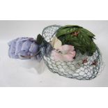 Quantity of vintage hats, one labelled 'Adele Mayfair W1' decorated with faux violets, a green net