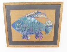 Two framed embroidered and applique pictures, the first by Nova Day depicting a blue fish with