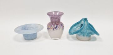 Three pieces of Vasart glass to include a vase with multi-coloured swirl decoration, a flared rim