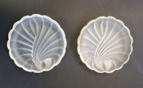Pair of small Russian frosted glass dishes, each with Cyrillic marks, dated 1908, of fluted form,