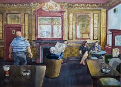 Michael Smee (b.1946)  Watercolour drawing "The Mirrors of Marylebone", interior scene figures