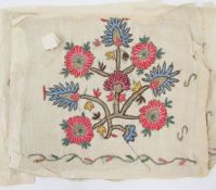 Two pieces of possibly Turkish 19th c. embroidery on course silk, flowers on branches, using gold