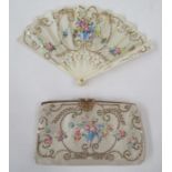 Painted satin and sequin decorated evening bag with gilt foldover clip clasp, detailed with faux-