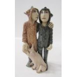 Amanda Popham pottery figure group "The Owl and the Pussycat", two figures with pig, signed and