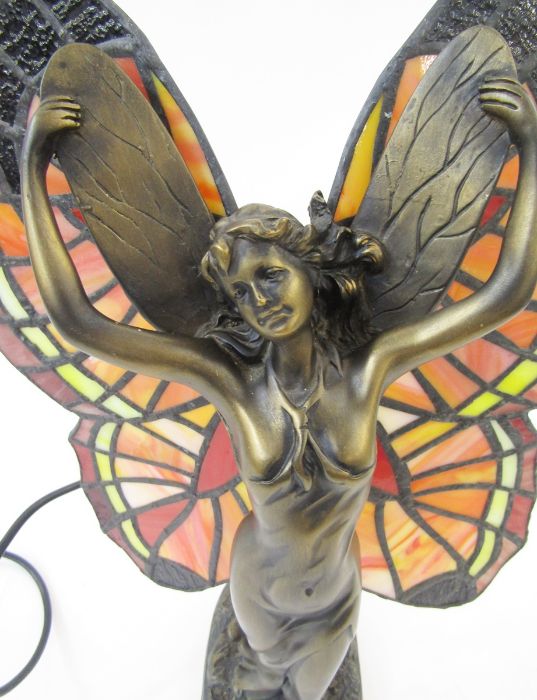 Tiffany style bronze effect resin and glass fairy table lamp, the fairy with glass panelled wings, - Image 6 of 8