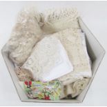 Assorted lace pieces, two woollen shawls, damask napkins etc (1 box)