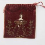 Early Victorian velvet reticule, the front embroidered with a young woman wearing costume circa