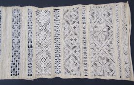 17th century needlepoint reticella banded sampler on linen, showing various rows of lace with