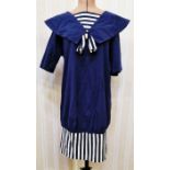 1980's sailor style cotton dress navy blue with a blue and white striped "hobble" skirt short