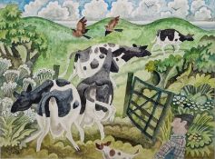 Michael Coulter Watercolour drawing "Cows Near the Sea", initialled and dated 94, labelled verso,
