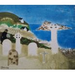 Mary Fedden OBE (1915-2012)  Watercolour drawing  Churchyard by the sea, figures walking amongst