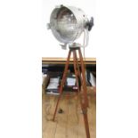 Vintage style metal and brass bound wood tripod spotlight on adjustable supports, and a vintage