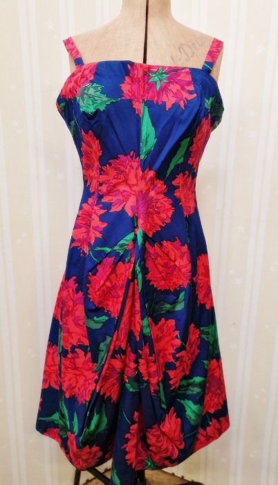 1950's silk cocktail dress, blue printed with vibrant pink/red/purple carnation pattern,  tulip