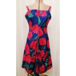 1950's silk cocktail dress, blue printed with vibrant pink/red/purple carnation pattern,  tulip