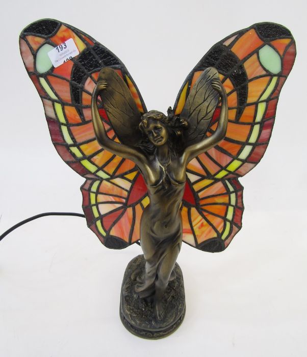 Tiffany style bronze effect resin and glass fairy table lamp, the fairy with glass panelled wings, - Image 5 of 8