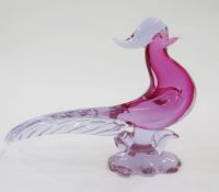 Pair Murano clear and pink models of cockerels, each on shaped base, 22cm and 40cm high (2)