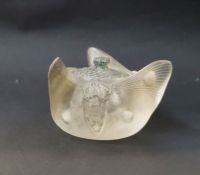 Lalique frosted glass Trois Papillons inkwell and cover, designed 1913, moulded R.Lalique mark to