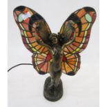 Tiffany style bronze effect resin and glass fairy table lamp, the fairy with glass panelled wings,