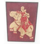 Collection of framed Indian Batiks, one with an elephant, another with rider on an elephant on a red