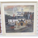 Sadie Allen (20th century) framed textile picture of figures before a church, wool, fabric, felt and