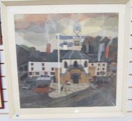 Sadie Allen (20th century) framed textile picture of figures before a church, wool, fabric, felt and