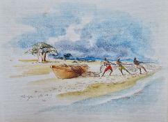 Mariette Van Velden  Oil on board Scenes of Lake Malawi, with fishermen and nets, figure on bicycle,