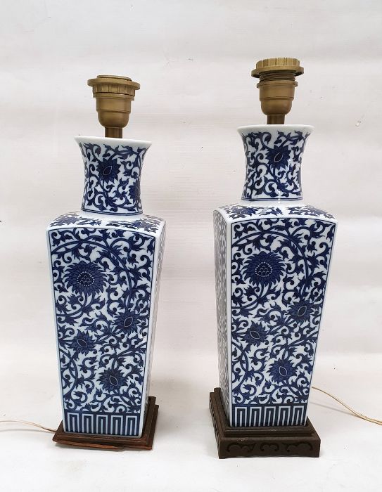 Pair of 20th century Chinese-style blue and white porcelain lamp bases, each of tapering square