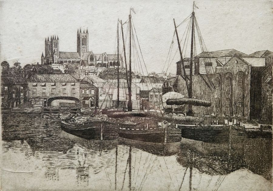D. Deighton (Early 20thC English School) Etching 'Sunset, Lincoln Cathedral', signed and titled in - Image 2 of 5