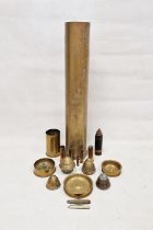 Assorted trench art and brass and metalware, including a 19th century copper coal scuttle, helmet-