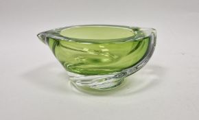 Val St Lambert cased glass ashtray/bowl, of twisted, spiralling form, green colourway, signed to