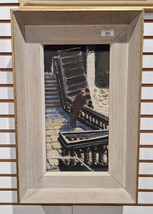 Carl Chuck?? (20th century school) Oil on canvas Man leaning on railing in stairwell, indistinctly - Image 2 of 3