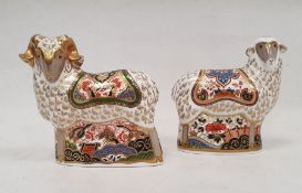 Pair of Royal Crown Derby bone china animal paperweights, modelled as the 'Imari Ram' and 'Imari