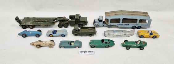 Collection of playworn diecast vehicles including Dinky Toys car transporter, military vehicles, a