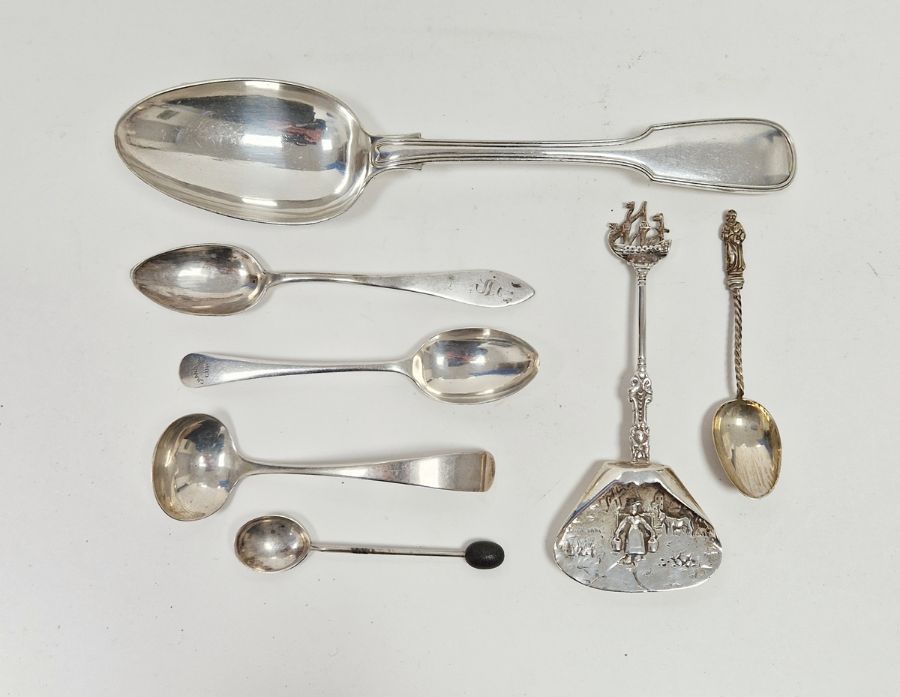 Georgian silver small ladle, silver coffee bean spoon, three silver teaspoons, Dutch continental