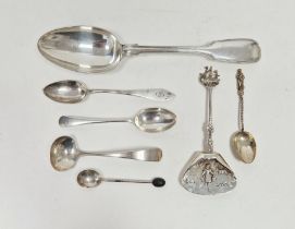 Georgian silver small ladle, silver coffee bean spoon, three silver teaspoons, Dutch continental