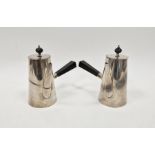 Pair of George V silver chocolate pots, each of tapered cylindrical form, hallmarked Chester 1933,
