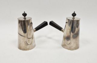 Pair of George V silver chocolate pots, each of tapered cylindrical form, hallmarked Chester 1933,