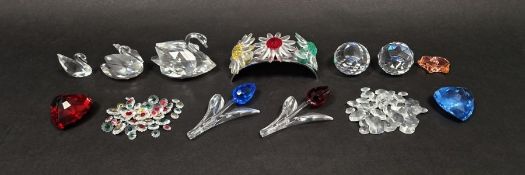 Quantity of Swarovski crystal to include three swans and signet, two coloured hearts, flowers, loose