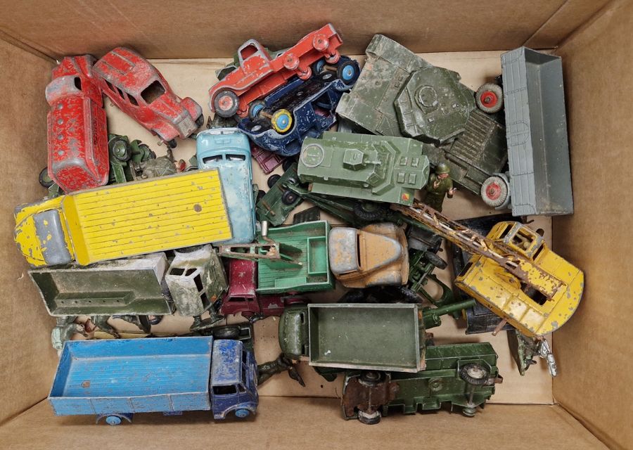 Collection of playworn diecast vehicles including Dinky Toys car transporter, military vehicles, a - Image 2 of 2