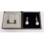Pair 18ct white gold, pearl and grey stone drop earrings with foliate decoration and a pair of
